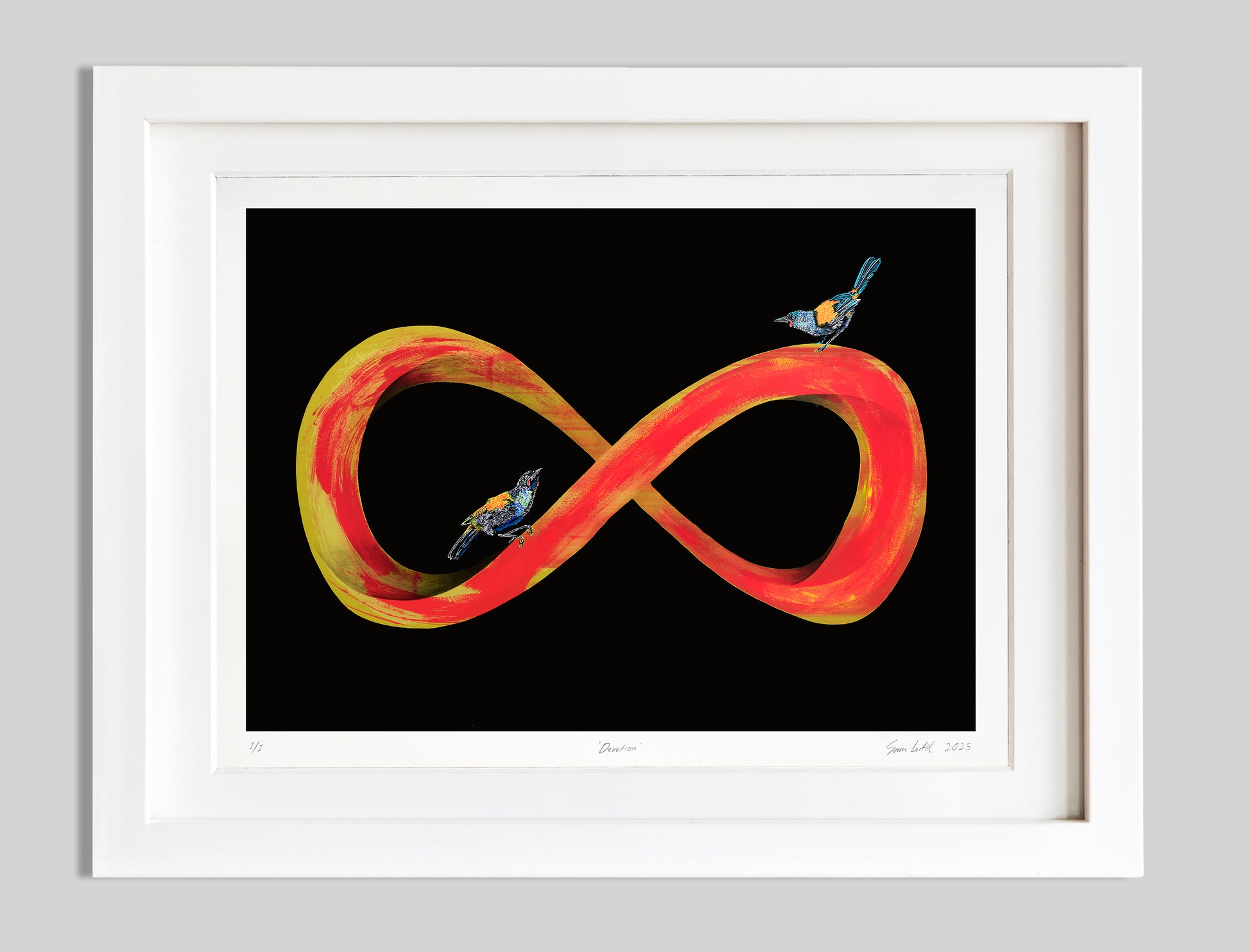 Framed artwork of an infinity symbol with birds on a black background
