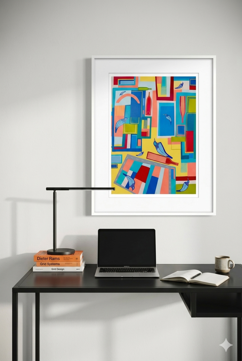 Colorful abstract art on a wall above a desk with a laptop and books.