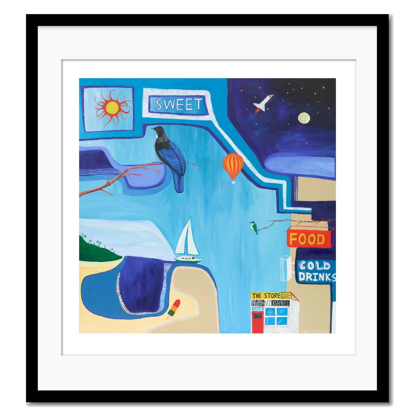 A colorful artistic giclee print featuring a stylized representation of a New Zealand summer scene with elements like a sun, moon, birds, a sailboat, and food and drinks.