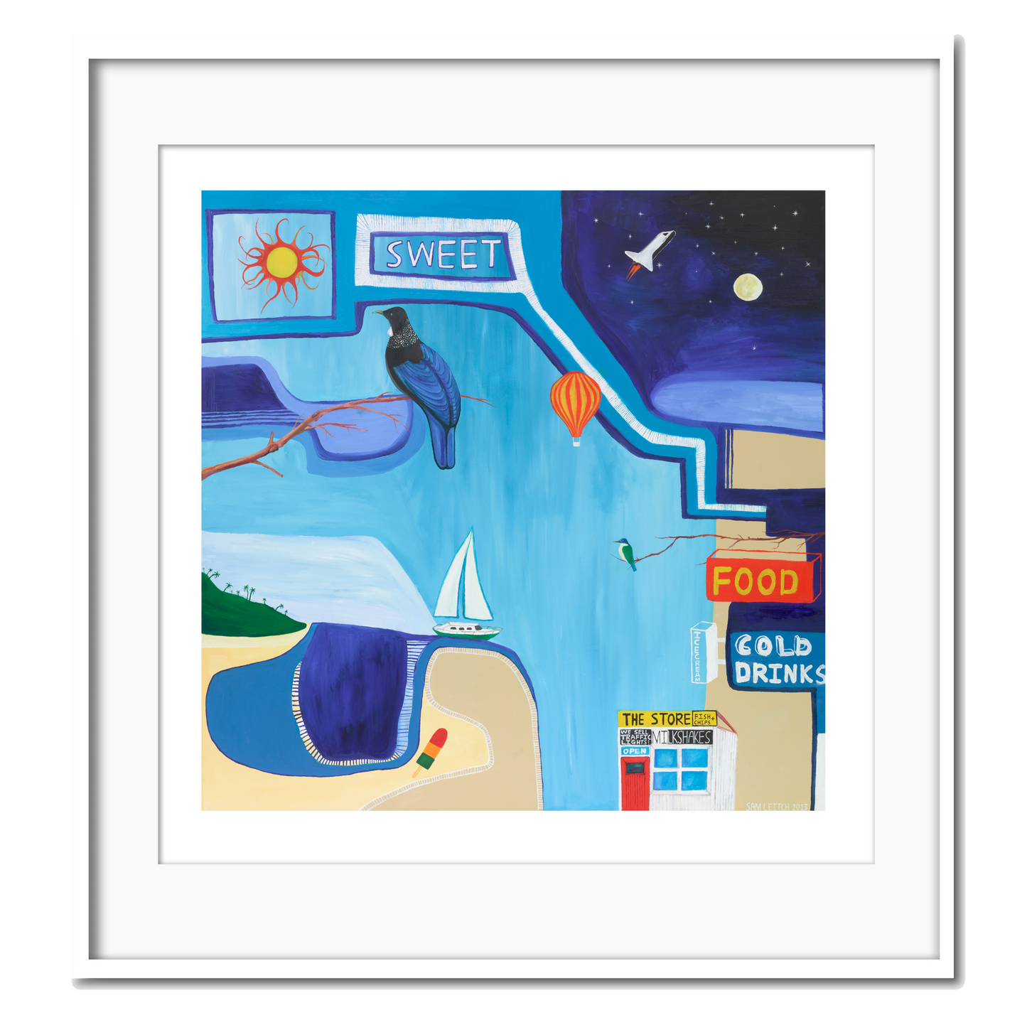 A colorful artistic giclee print featuring a stylized representation of a New Zealand summer scene with elements like a sun, moon, birds, a sailboat, and food and drinks.