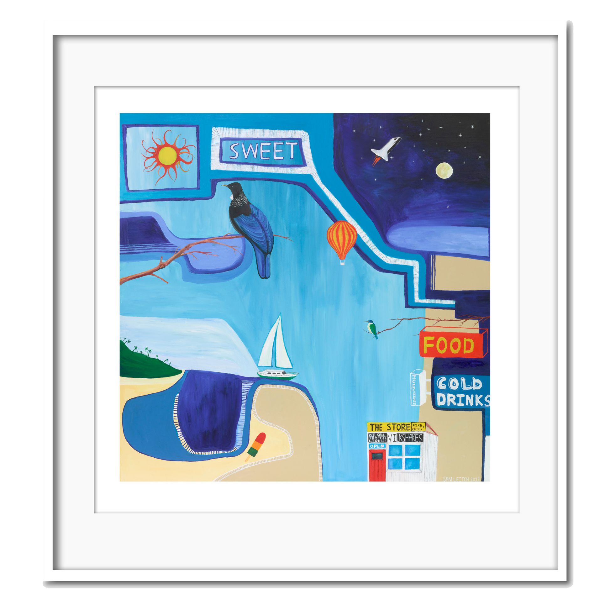 A colorful artistic giclee print featuring a stylized representation of a New Zealand summer scene with elements like a sun, moon, birds, a sailboat, and food and drinks.