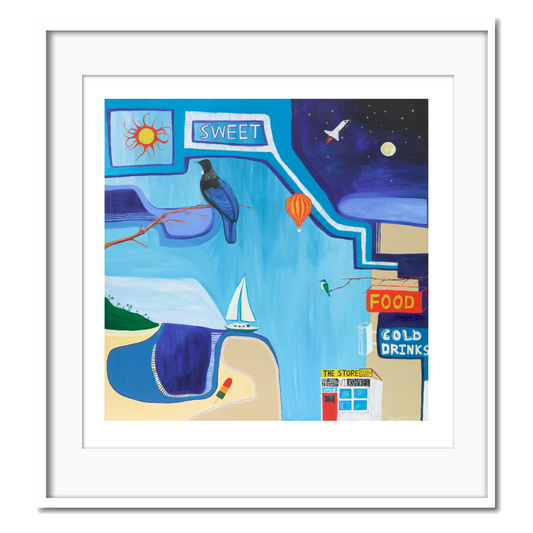 A colorful artistic giclee print featuring a stylized representation of a New Zealand summer scene with elements like a sun, moon, birds, a sailboat, and food and drinks.
