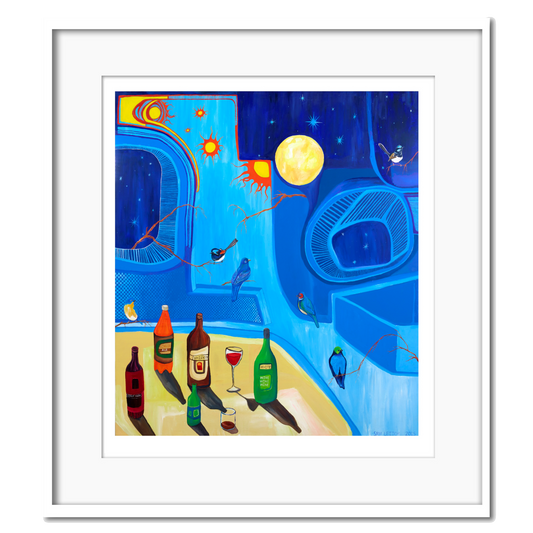 Giclee print featuring a colorful illustration of birds and a night time scene on a blue background, framed in a white frame.