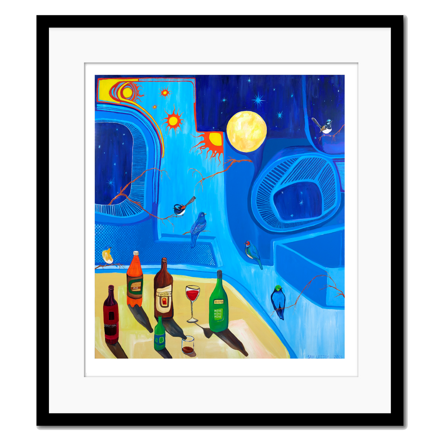 Giclee print featuring a colorful illustration of birds and a night time scene on a blue background, framed in a white frame.