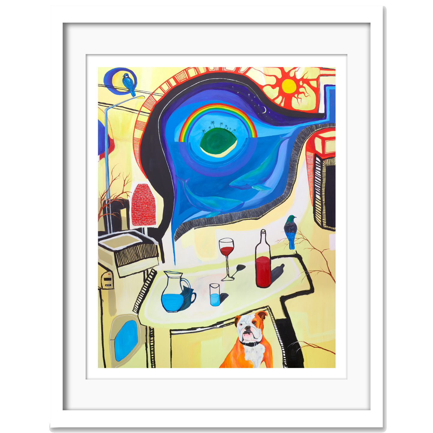A Giclee print featuring abstract and surrealistic elements, such as a dog sitting at a table with a bottle and a glass, set against a vibrant, psychedelic background.