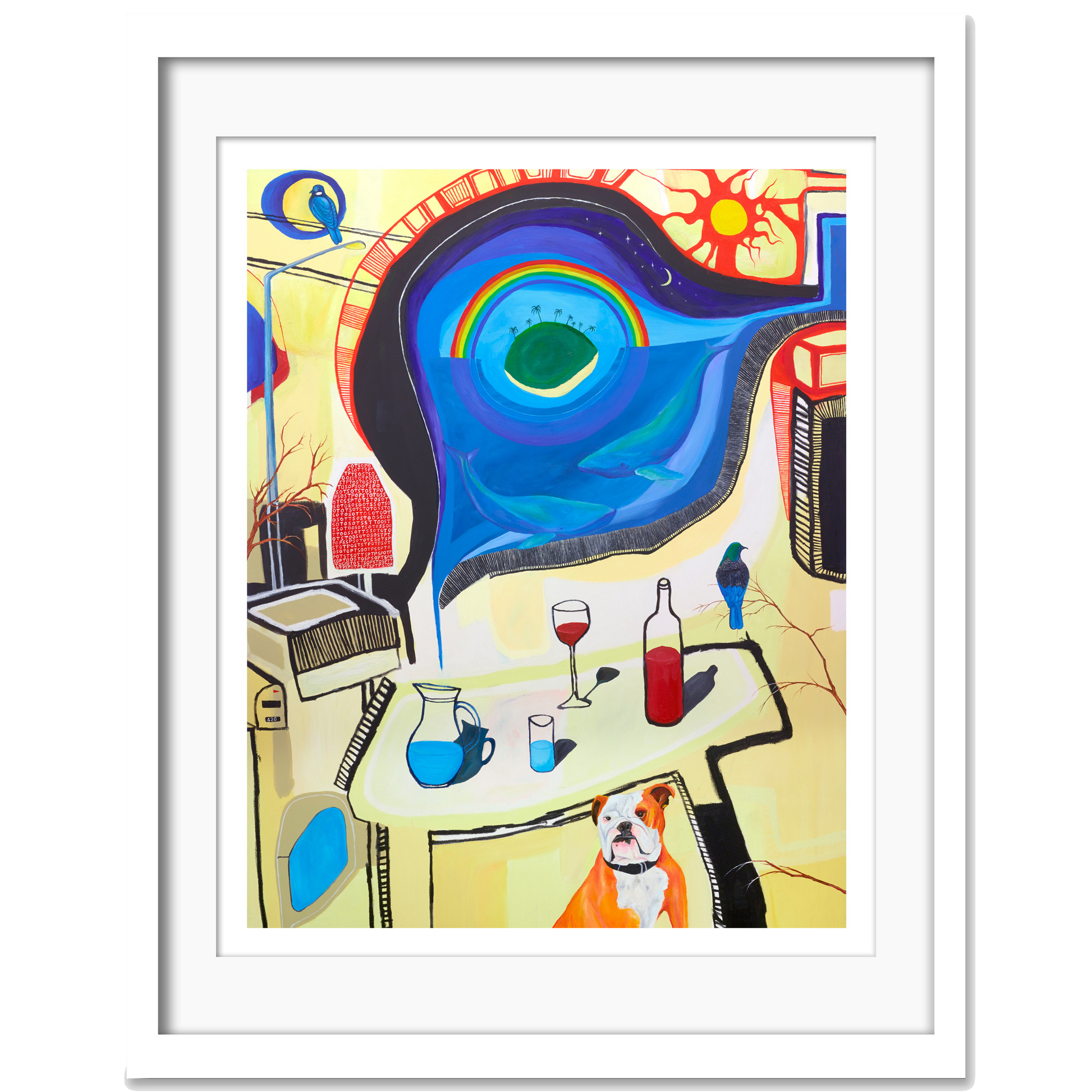 A Giclee print featuring abstract and surrealistic elements, such as a dog sitting at a table with a bottle and a glass, set against a vibrant, psychedelic background.