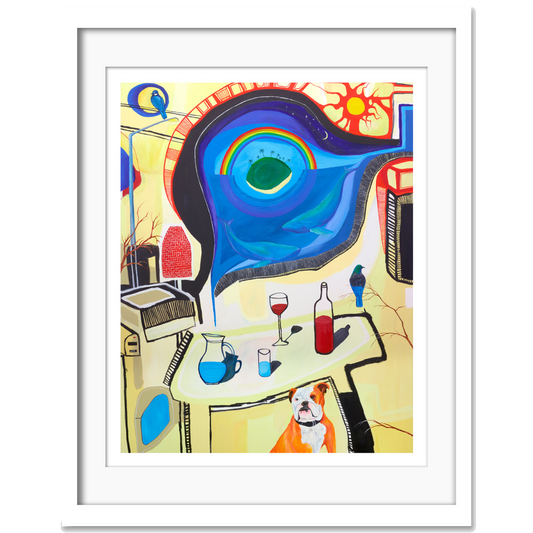 A Giclee print featuring abstract and surrealistic elements, such as a dog sitting at a table with a bottle and a glass, set against a vibrant, psychedelic background.
