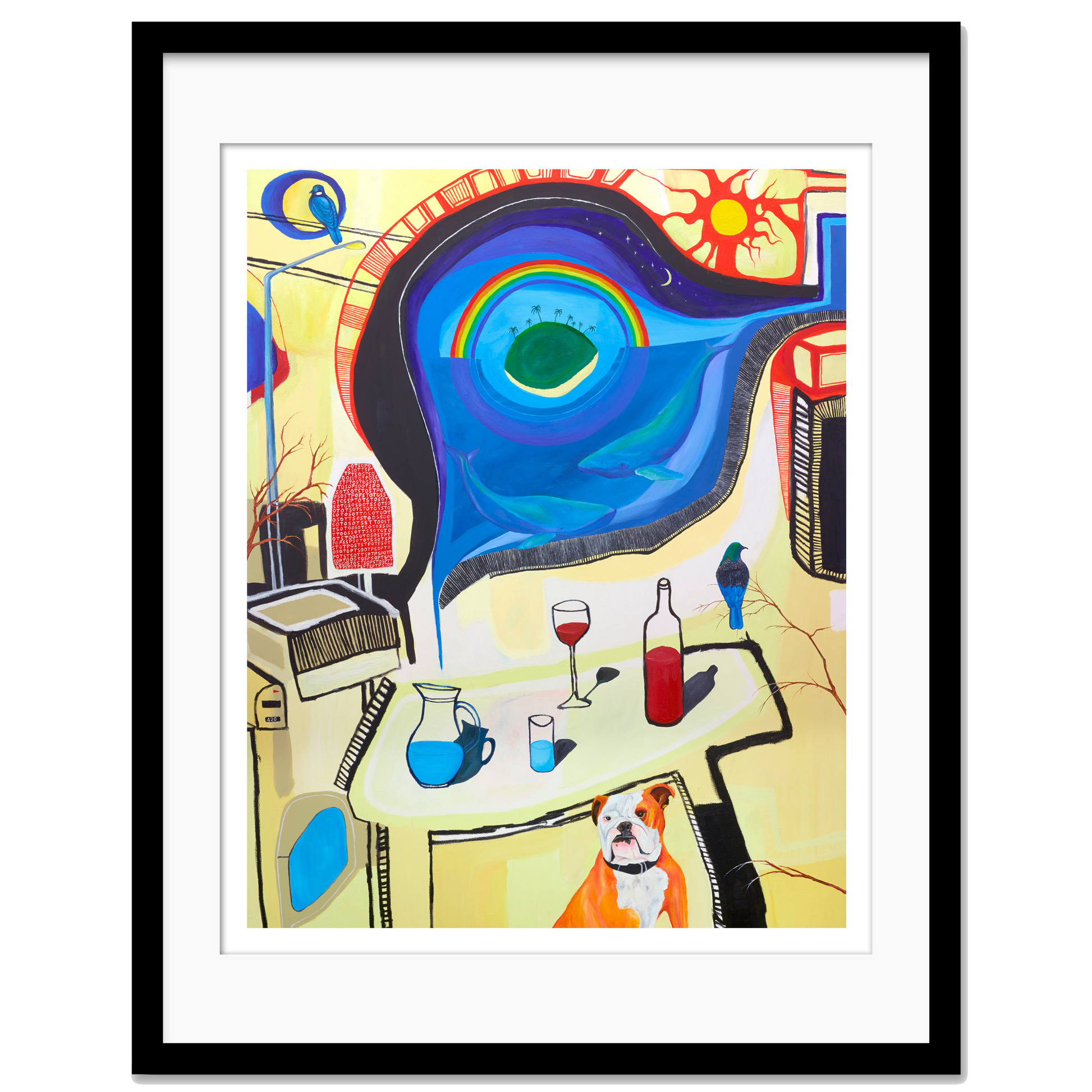 A Giclee print featuring abstract and surrealistic elements, such as a dog sitting at a table with a bottle and a glass, set against a vibrant, psychedelic background.