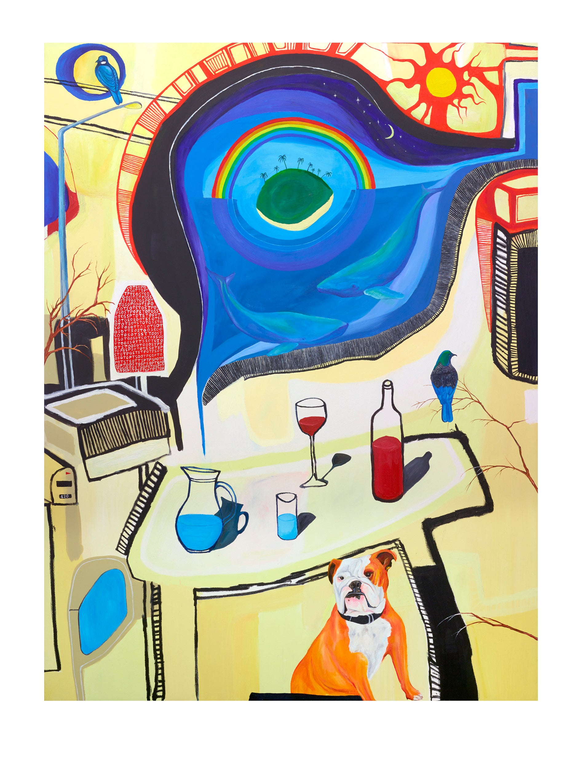 A Giclee print featuring abstract and surrealistic elements, such as a dog sitting at a table with a bottle and a glass, set against a vibrant, psychedelic background.