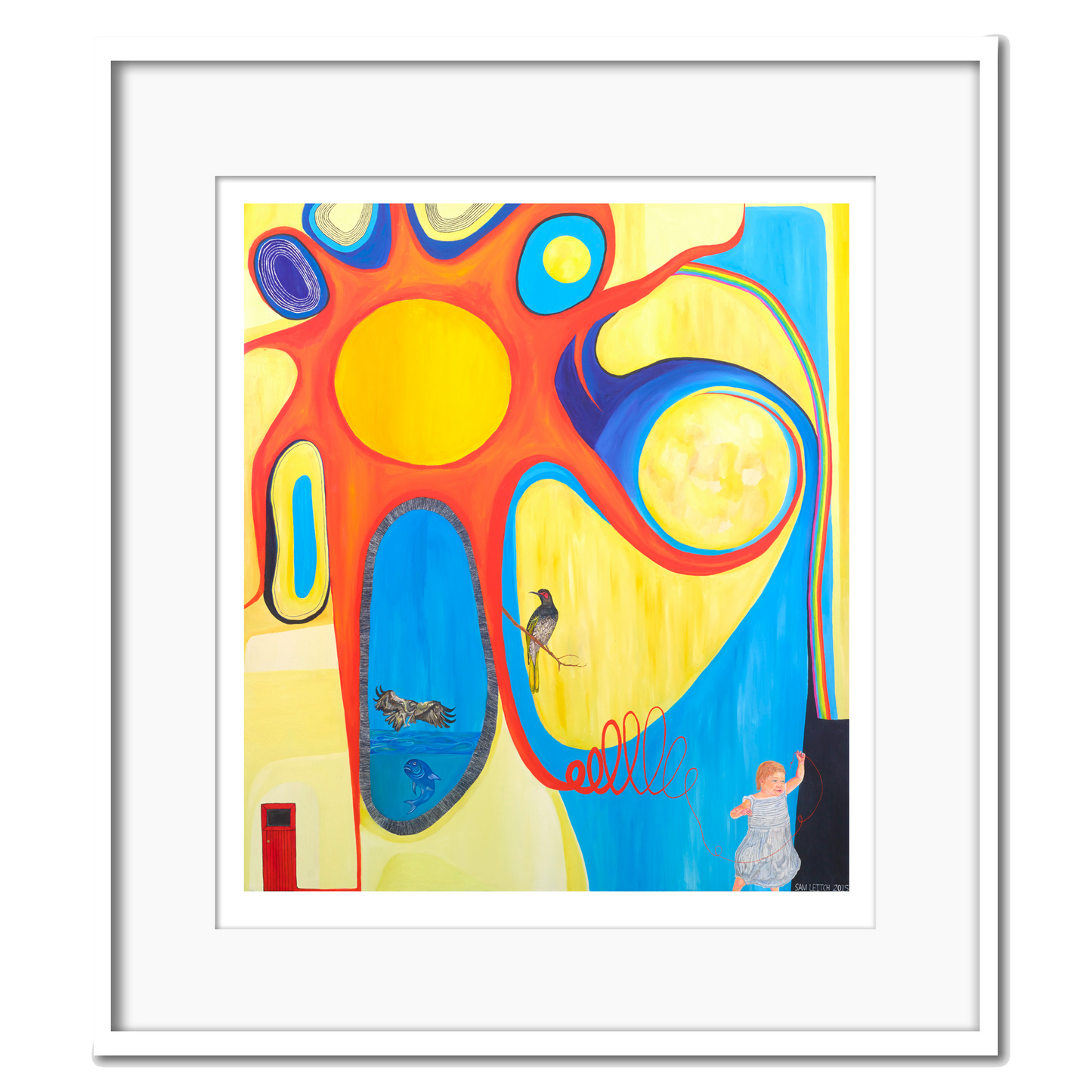 A giclee print with a bird, fish and eagle with a little girl holding the sun in a white frame