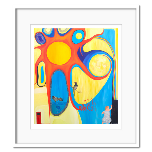 A giclee print with a bird, fish and eagle with a little girl holding the sun in a white frame