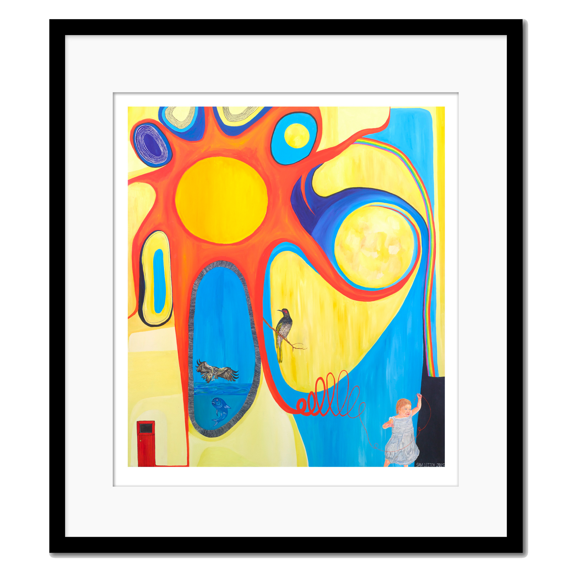 A giclee print with a bird, fish and eagle with a little girl holding the sun in a black frame