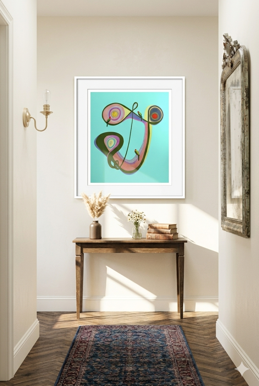 Framed abstract artwork on a wall above a wooden console table with decorative items.