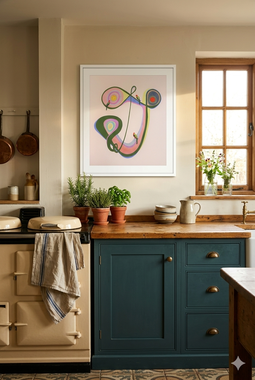 Kitchen interior with teal cabinets, wooden countertop, and abstract art on the wall.
